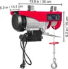 A red electric hoist with a steel wire winch and hook, with measurement indicators. Náhľad obrázku produktu