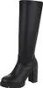 A black leather-look knee-high boot with a chunky heel and platform sole is shown against a white background. Produktbild-Vorschau