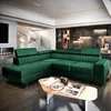 A modern living room with a large green sectional sofa, a spiral staircase, and a fireplace. Produktbild-Vorschau