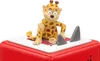 A close-up shot of a toy giraffe figure sitting on a red base with two gray shark fins. Produktbild-Vorschau