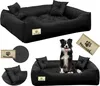 A collage of images showing a black dog bed with pillows, a dog, and product labels. Produktbild-Vorschau