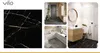 A collage of images showcasing VILO SPC Vinylboden in different interior settings, including a close-up of the flooring pattern, a hallway, and a bathroom. Produktbild-Vorschau