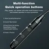 Close-up of the control buttons on a black in-ear headphone cable, with text overlays explaining the functions. Produktbild-Vorschau