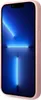 A pink iPhone case is shown from a side angle, displaying the screen with a blue wallpaper. Produktbild-Vorschau