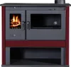 A front view of a wood-burning stove with a glass door showing flames and another glass door for an oven. Podgląd zdjęcia produktu