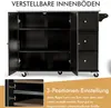 A black kitchen cart with its doors and drawers open, showing adjustable shelves and drawers. Text overlays describe features. Produktbild-Vorschau