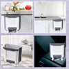 Collage of a foldable trash can in different settings: hanging on a kitchen cabinet, on a countertop, in a bedroom, and in a car. Náhľad obrázku produktu