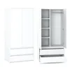 A white wardrobe and a white chest of drawers are shown side-by-side against a white background. The wardrobe is open, revealing shelves and a hanging rail. The chest of drawers is closed. Produktbild-Vorschau