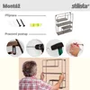 An instructional image showing how to mount a shelf, with close-ups of tools and a person holding the shelf. Náhled obrázku produktu