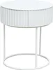 A white, round side table with two drawers and a fluted design on the drawer fronts, shown against a white background. Produktbild-Vorschau