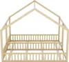 A wooden house-shaped bed frame with a slatted base and sides, shown from the front. Anteprima dell’immagine prodotto
