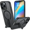 Three views of a black iPhone case with a kickstand and MagSafe compatibility, displayed on a white background. Podgląd zdjęcia produktu