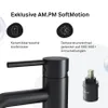 Close-up of a black faucet with descriptive text and icons highlighting its features. Produktbild-Vorschau