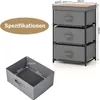 A product image showing a gray fabric drawer dresser with a wooden top, and a separate gray fabric storage box, with dimensions indicated by text. Podgląd zdjęcia produktu