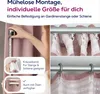A collage of images showing how to measure and attach curtains, with text overlays explaining features. Produktbild-Vorschau