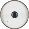 A top-down view of a glass pot lid with a silver rim and a black handle. Voir les images du produit