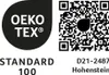 The image shows the OEKO-TEX STANDARD 100 logo and a QR code, along with certification details. Produktbild-Vorschau