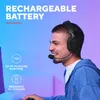 A man wearing a headset, with text overlays highlighting product features. Produktbild-Vorschau