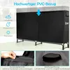 A black outdoor storage cabinet with a cover, shown in a yard setting with descriptive text and close-up details of its features. Produktbild-Vorschau