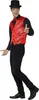 A man wearing a costume consisting of a red sequined vest, black shirt, black pants, black shoes, and a black top hat. Podgląd zdjęcia produktu