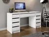 A white desk with a computer and a plant on it, set in a room with a grey wall and wooden floor. Produktbild-Vorschau