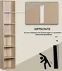 A tall, narrow bookshelf is shown on the left, with a close-up inset of its top back panel on the upper right. Text and graphics explain a safety feature to prevent tipping. Náhľad obrázku produktu