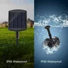 The image is split into two halves. The left half shows a solar panel in a grassy area with rain falling. The right half shows a submersible water pump in water with splashes. Produktbild-Vorschau