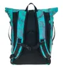 The back view of a teal and black floral print roll-top backpack against a white background. Produktbild-Vorschau