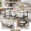 Collage of images showing a set of nesting coffee tables with a white marble pattern and black metal frames, displayed in different configurations and settings. Voir les images du produit
