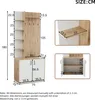 Diagrams and dimensions of a white and wood-colored hallway cabinet. Produktbild-Vorschau