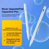 Two white stylus pens are shown against a blue background with abstract spherical shapes. Text overlays describe the product's features. Produktbild-Vorschau