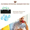A man drinks from a red mug while looking at his phone, with graphics illustrating water filtration in the background. Produktbild-Vorschau