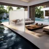 A modern living space with a pool, featuring a sofa and a coffee table, with a retractable side awning. Produktbild-Vorschau