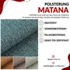 A close-up of a textured fabric with marketing text and icons. Produktbild-Vorschau