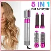 A split image showing a woman's hair on the left and a hair styling tool with its attachments and marketing text on the right. Produktbild-Vorschau