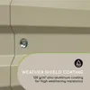 A close-up of a beige metal surface with a screw, featuring a text overlay about weather shield coating. Podgląd zdjęcia produktu