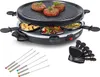 A raclette grill with food items and accessories on a white background. Produktbild-Vorschau