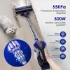 A cordless vacuum cleaner is shown in use, with text overlays detailing its specifications. Voir les images du produit