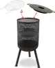 A black metal fire pit with a grill grate and a lid shown above it, against a white background. Produktbild-Vorschau