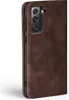 A close-up side view of a brown leather flip phone case for a Samsung Galaxy S21 FE. Produktbild-Vorschau