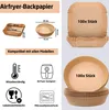 Collage of product images and descriptive icons for air fryer parchment paper. Produktbild-Vorschau