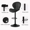 A black bar stool with callouts highlighting its features. Produktbild-Vorschau