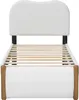 A white upholstered bed frame with wooden accents and a slatted base. Náhled obrázku produktu