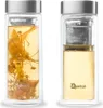 Two views of a glass tea infuser bottle, one showing dried herbs inside, the other showing the infuser basket. Produktbild-Vorschau