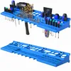 A blue plastic tool organizer shelf filled with various tools like drills, screwdrivers, and a hammer. Produktbild-Vorschau