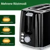 A close-up of a black toaster with illuminated function indicators and descriptive text. Produktbild-Vorschau