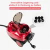 A red steam cleaner with its lid open, showing accessories stored inside and a separate image of the accessories. Text overlays describe storage features. Voir les images du produit