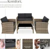 A rattan lounge set with cushions and a coffee table, accompanied by close-up images of its features and materials. Náhled obrázku produktu