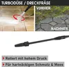 A collage showing a pressure washer nozzle in action, a before and after comparison of a dirty patio, and a close-up of the nozzle attachment. Produktbild-Vorschau