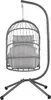 A gray hanging chair with cushions on a stand, isolated on a white background. Produktbild-Vorschau